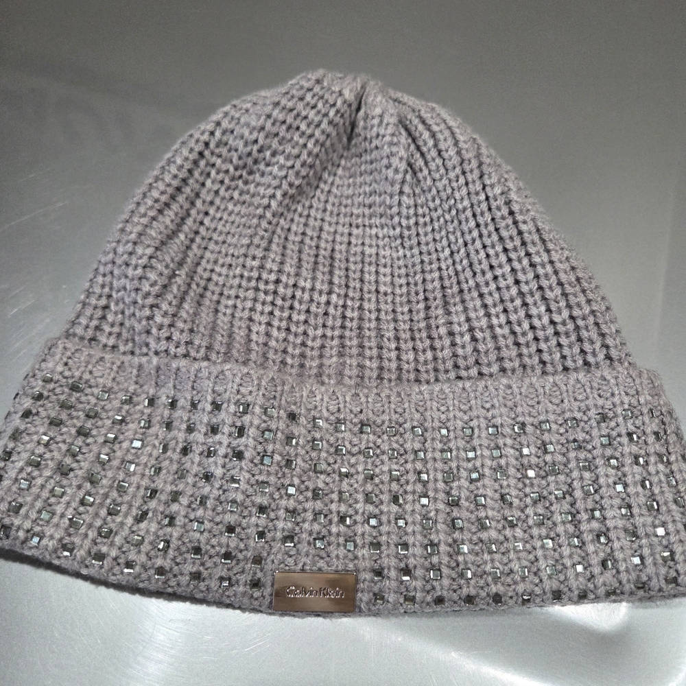 Calvin Klein Gray Knit Beanie with Rhinestones